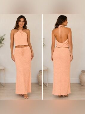 Good Luck Gem Peach Textured Halter Crop Top & Maxi Skirt Set